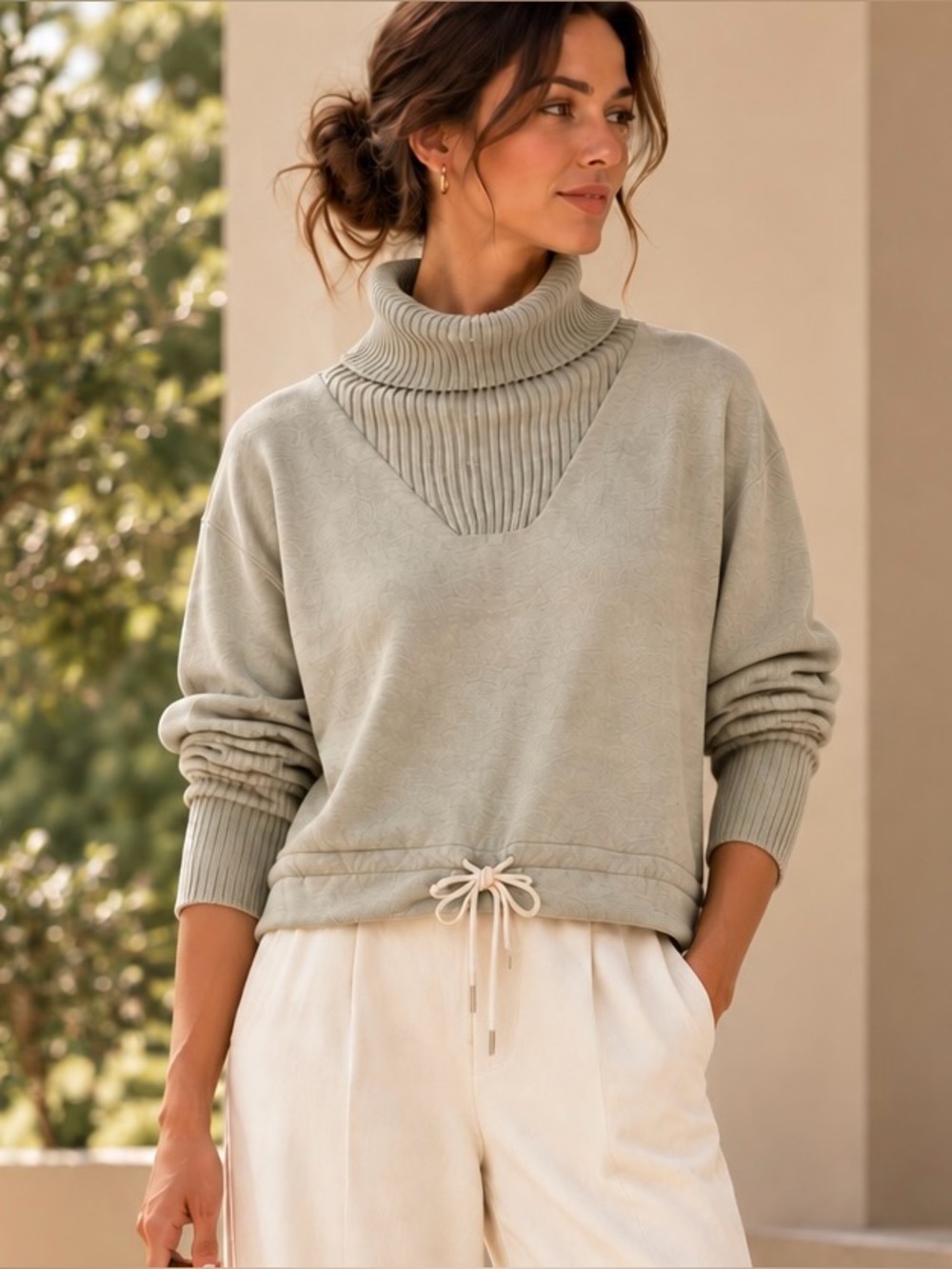 Varley Sage Green Ribbed Turtleneck Drawstring Sweater